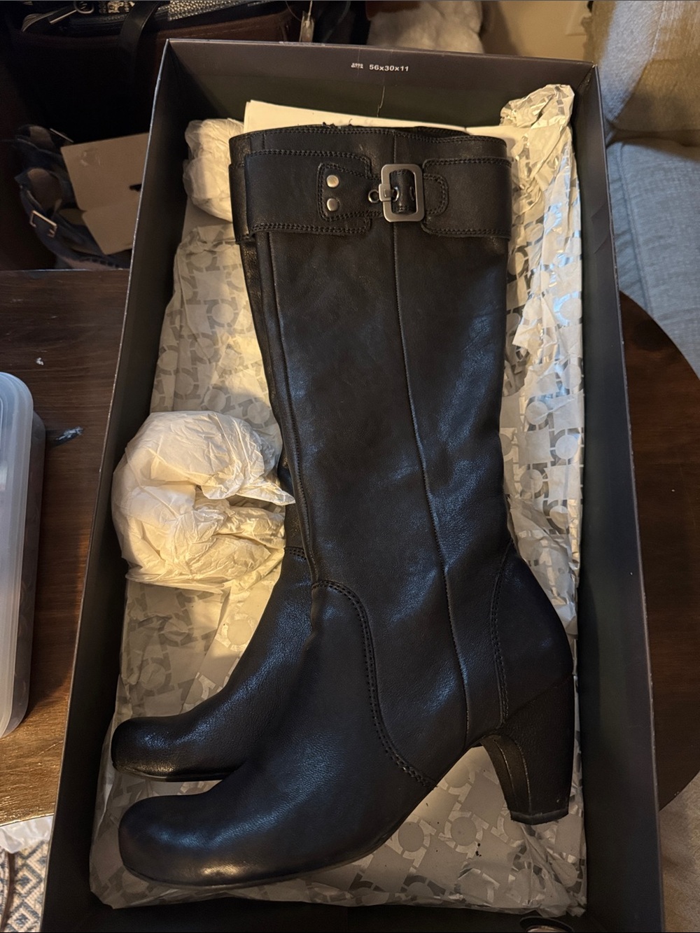 Kenneth Cole Reaction Black Leather Mid-Calf Heeled Boots with Buckle